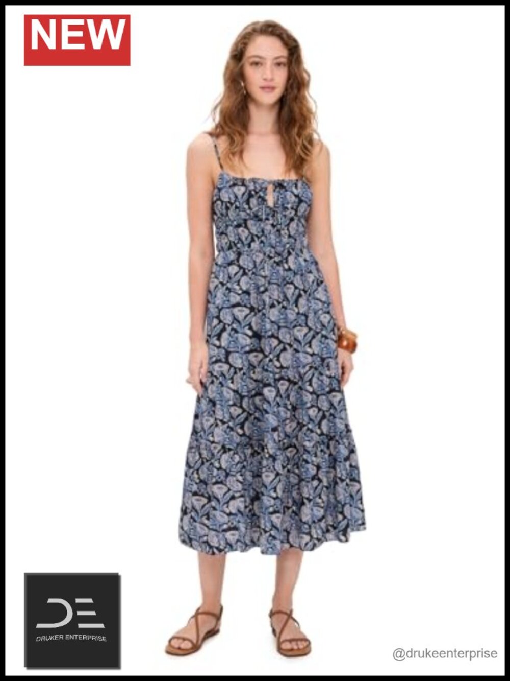 Sleeveless Cami Midi Dress Cotton Viscose Woven Square Neck